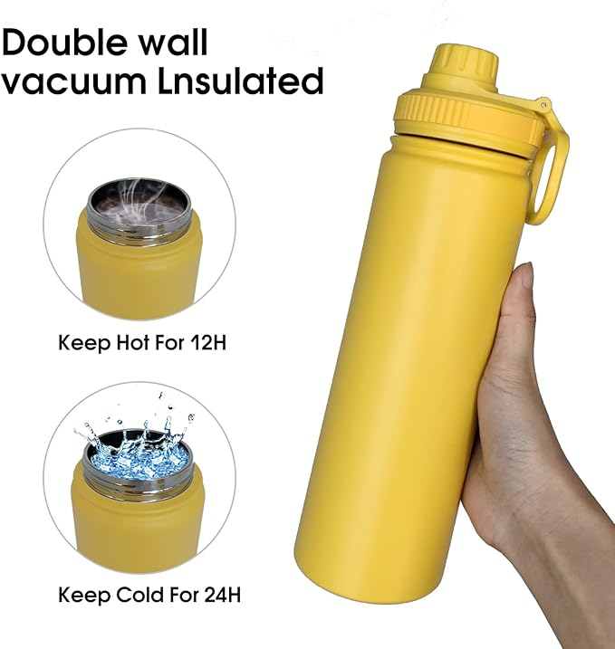22oz Insulated Water Bottle ，Stainless Steel Sports Water Cup Flask with 2 Lids, Wide Mouth Travel Thermal Mug,Outdoor Sports Bottle（Mango yellow）