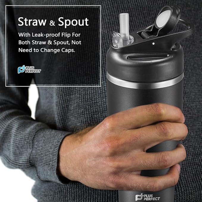 27 OZ 316 Stainless Steel Vacuum Insulated Travel Mug With Leak Proof Flip For Both Straw & Spout, Double Walled Seamless to Keep Hot And Cold, Black