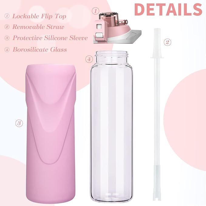 32 oz Sports Glass Water Bottle with Straw & Silicone Sleeve Reusable BPA-free Borosilicate Glass Drinking Bottle with Flip Top Lid & Handle Wide Mouth (Pastel Pink)