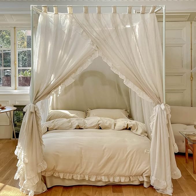 Mengersi Linen Canopy Bed Curtains,Bed Canopy Curtains Bed Drapes Sheer Curtains for Bedroom Decor (Ivory, King)