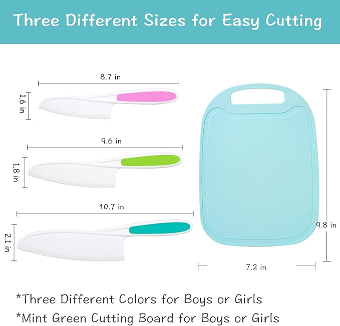 Kids Knife Set for Real Cooking, 4 Pieces Toddler Knife Set, Nylon Kitchen Baking Knife with Cutting Board, Firm Grip, Serrated Edges Kids Knives for Cutting Cakes, Fruit, Veggies & Bread