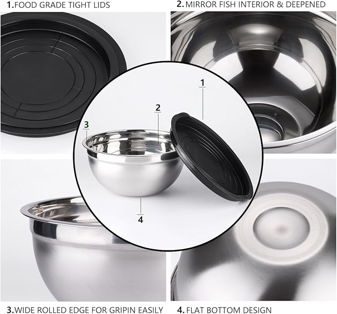 Mixing Bowls with Lids set - 26 PCS Stainless Steel Nesting Black Mixing Bowls Set for Baking, Mixing, Serving & Prepping, Size 5, 3.7, 2.8, 2.3, 1.7, 1.1, 0.7QT, 12 Cooking Utensils