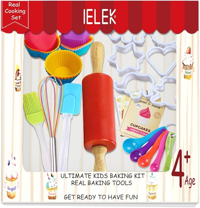 Real Baking Set Pastry Cooking Kit Supplies Includes Apron,Chef Hat,Oven Mitt,Rolling Pin,Real Baking Tools and Recipes Great Gift for Curious Beginners