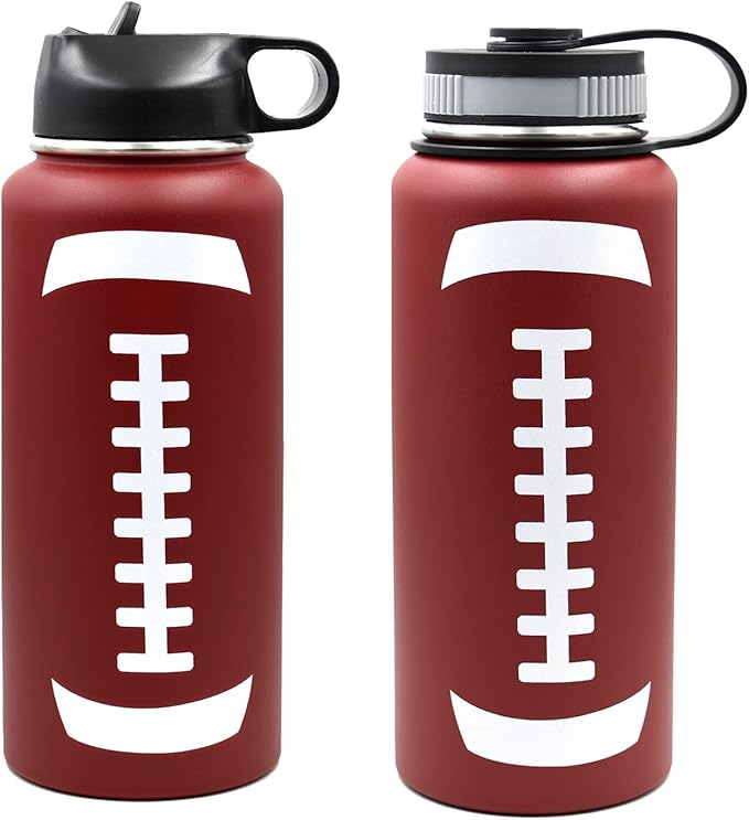 32 oz Football Water Bottle, Flask Sports with 2 Lids 18/8 Stainless Steel Travel Tumbler Double Wall Vacuum Insulated Hot/Cold (32oz, Football)