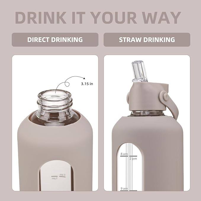 32 oz Glass Water Bottles with Straw Borosilicate Glass Water Bottle with Time Marker Motivational Water Bottles with Silicone Sleeve Leak Proof Reusable BPA Free