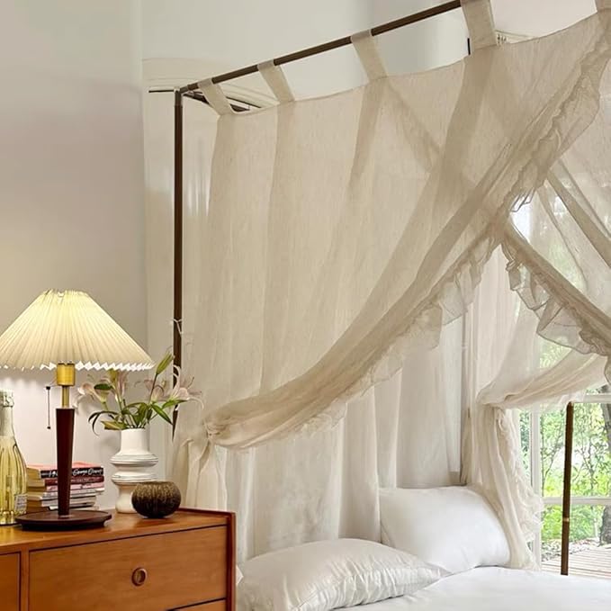 Elegant Modern Linen Princess 4 Corner Post Mosquito Net Romantic for Girls Women Bed Curtain Canopy for Adult Wedding Bedroom Kids Rooms Decoration (White-Beige, Full)