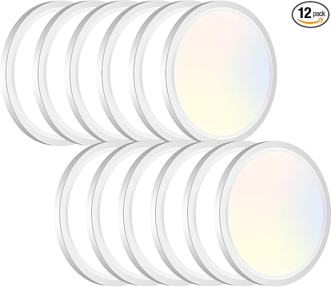 12PACK LED Flush Mount Ceiling Light Fixture, 3000K-4000K-6500K & 100W Equivalent Modern Kitchen Recessed Ceiling Lamp 15W 1500Lm 7.5 Inch Closet Round Surface for Bathroom Laundry Bedroom Hallway