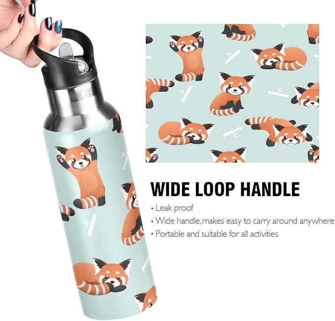22 OZ Cute Red Panda Water Bottle with Straw - BPA Free Leakproof Stainless Steel Water Bottle for Women Men Water Jug for Fitness Gym Outdoor Sport