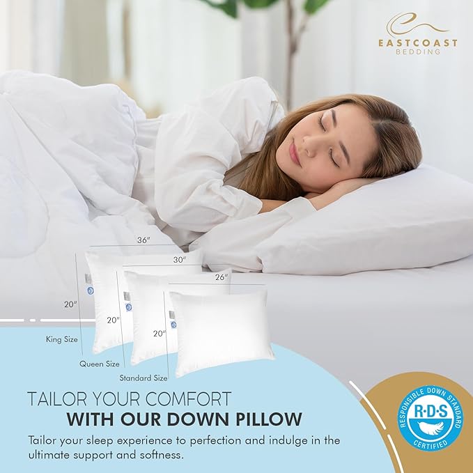 East Coast Bedding Elite Premium Down Sleeping Pillow 600 Fill Power White Down Available in Soft, Medium & Firm 400 Thread Count Cotton Shell Premium Comfort - Made in The U.S.A