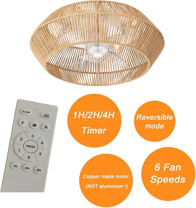 Small 20" Boho Reversible DC Ceiling Fan with Light Fixture and Remote Control, Enclosed Cage Flush Mount Caged Low Profile Fandelier for Nursery Office Dining Room Indoor Kitchen Bedroom