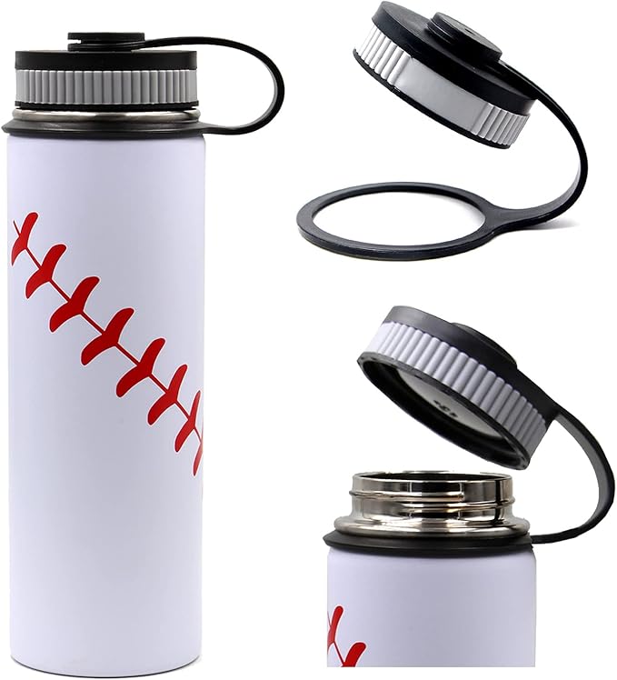 22 oz Baseball Water Bottle, Flask Sports with 2 Lids Double Wall Vacuum Insulated Stainless Steel Wide Mouth Hot & Cold Thermo Mug (22oz, White baseball)