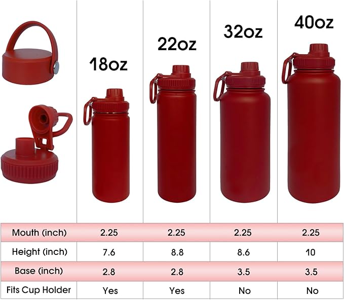 22oz Insulated Water Bottle ，Stainless Steel Sports Water Cup Flask with 2 Lids, Wide Mouth Travel Thermal Mug,Outdoor Sports Bottle（Deep red）