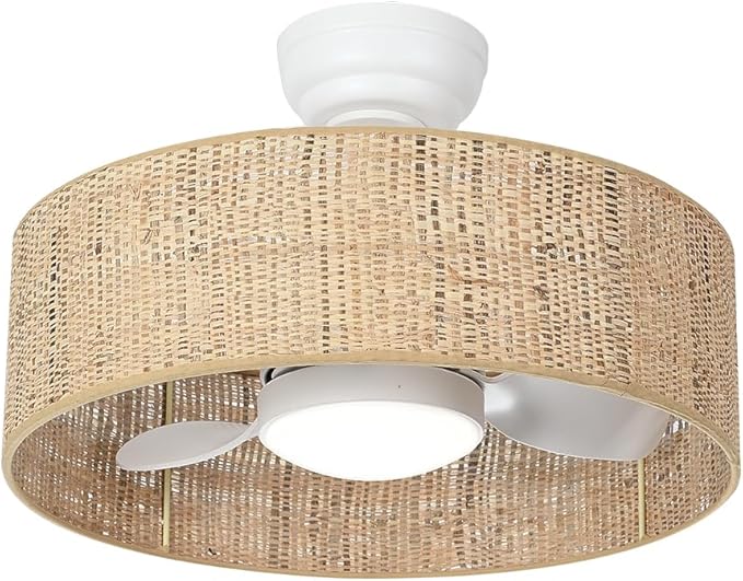 Boho LED Reversible DC Dimmable Ceiling Fan with Light Fixture and Remote Control,Caged Round Cage 3 Blade Small Drum Fandelier for Bedroom Indoor Kitchen Nursery Office Dining Room