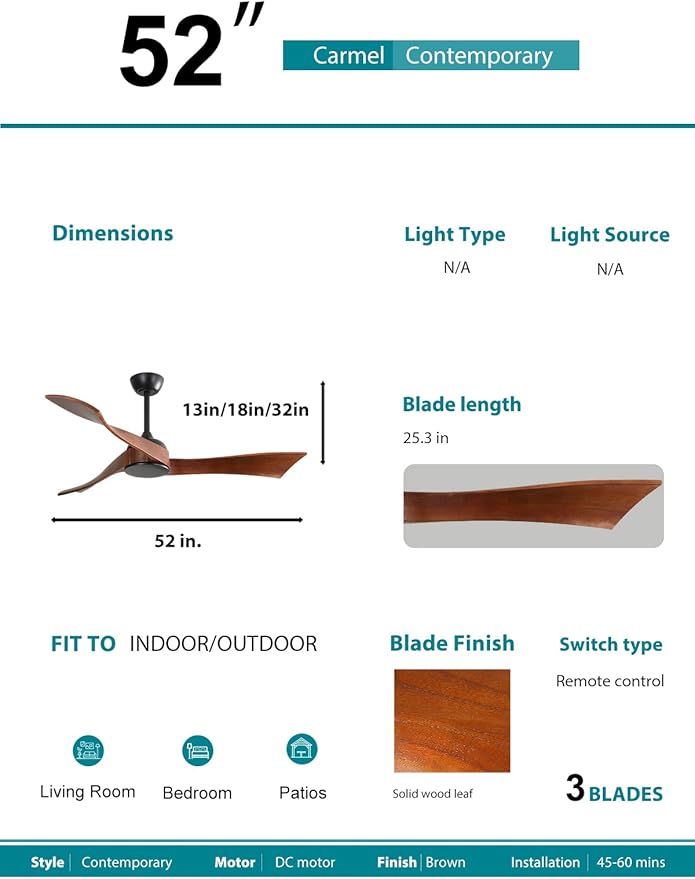 Sofucor 52" Ceiling Fan no Light, Outdoor Ceiling Fan Without Light Wood Ceiling Fan with Remote Control, 3 Blade Ceiling Fan with Quiet Energy Saving Motor, 6 Speeds, Brown Wood