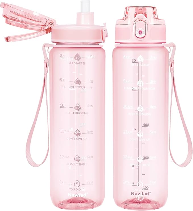 32 oz Water Bottle with Detachable Straw, Clear Motivational Water Bottles with Time to Drink, Tritan & BPA Free Sports Water Jug with Time Marker, Upgraded handle design, Rose Pink