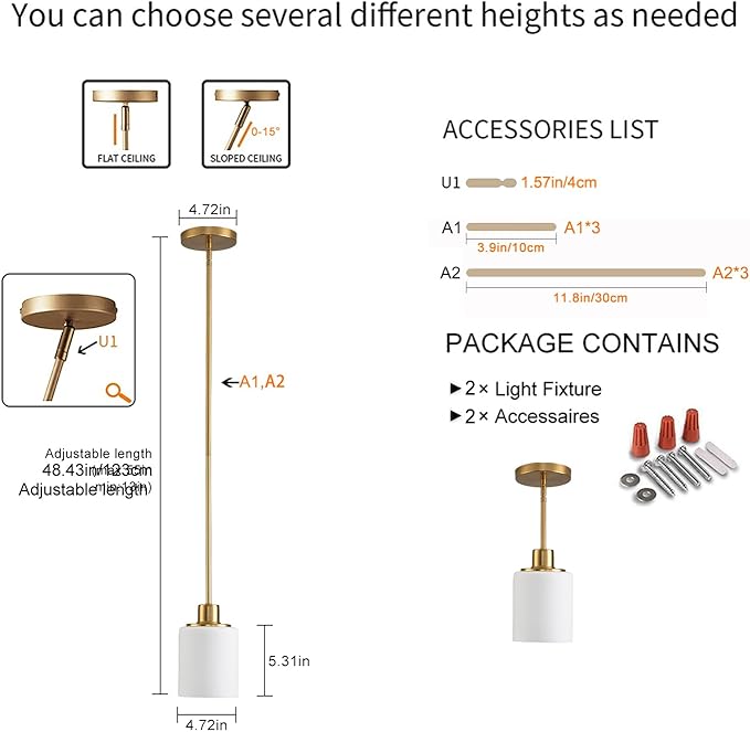 Matte Brass Pendant Lights Kitchen Island - Milk Glass Pendant Light Fixture Multiple Stems Rods 3 Units 12 Inch 3 Units 4 Inch (2 Pack Brass Downrod)