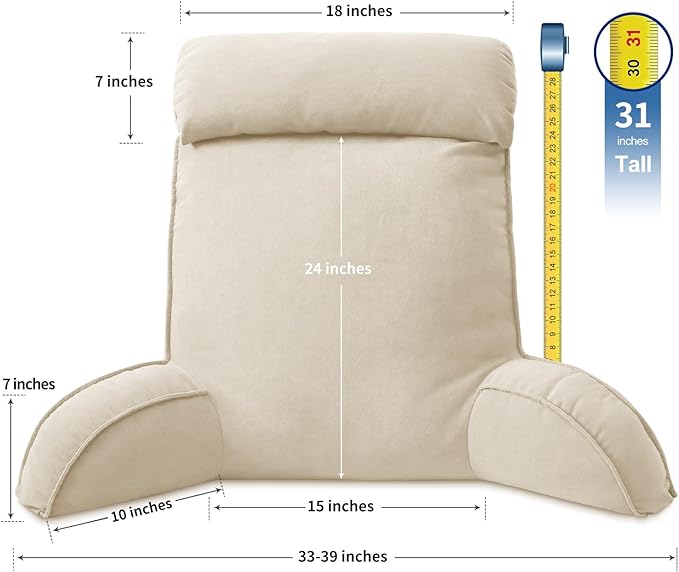 Reading Pillow for Bed Adult Size, Back Pillow for Sitting in Bed, Shredded Memory Foam Bed Chair Pillow with Arms, Pockets, Washable Cover (Beige, Large)