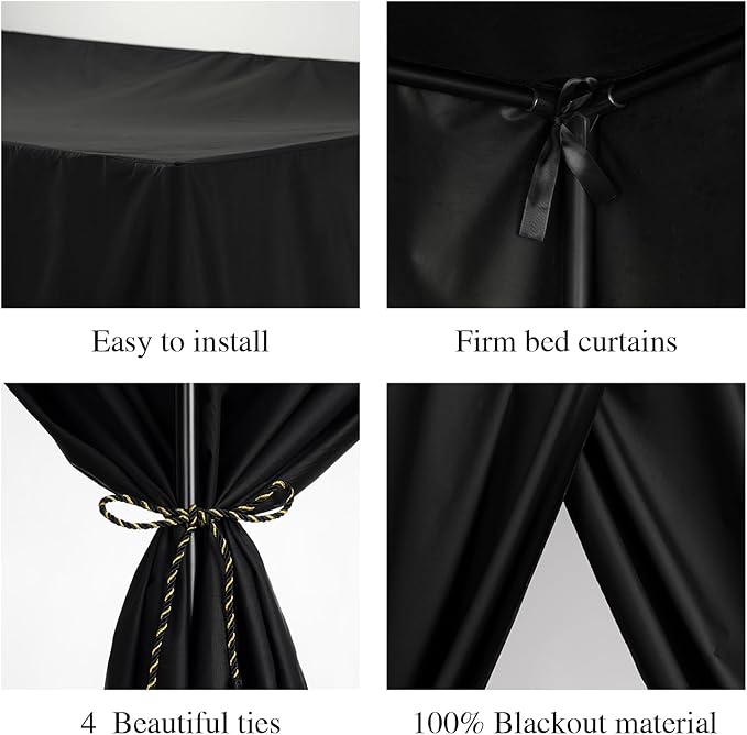 Black Canopy Bed Curtains - 4 Corner Post Bed Curtains Twin Lightproof Drapes Bed Canopy Curtains with Tie Backs for Adults & Girls Bedroom Decoration(Black,Twin)