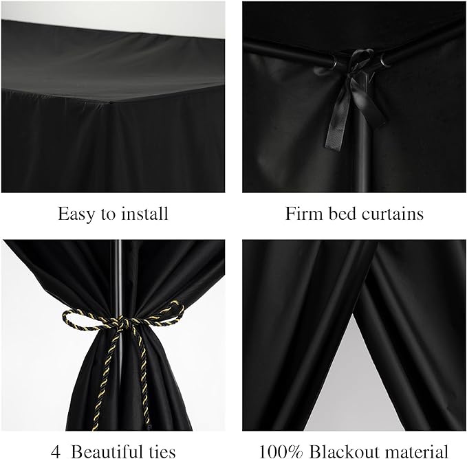 Black Canopy Bed Curtains - 4 Corner Post Bed Curtains Full Lightproof Drapes Bed Canopy Curtains with Tie Backs for Adults & Girls Bedroom Decoration(Black,Full)