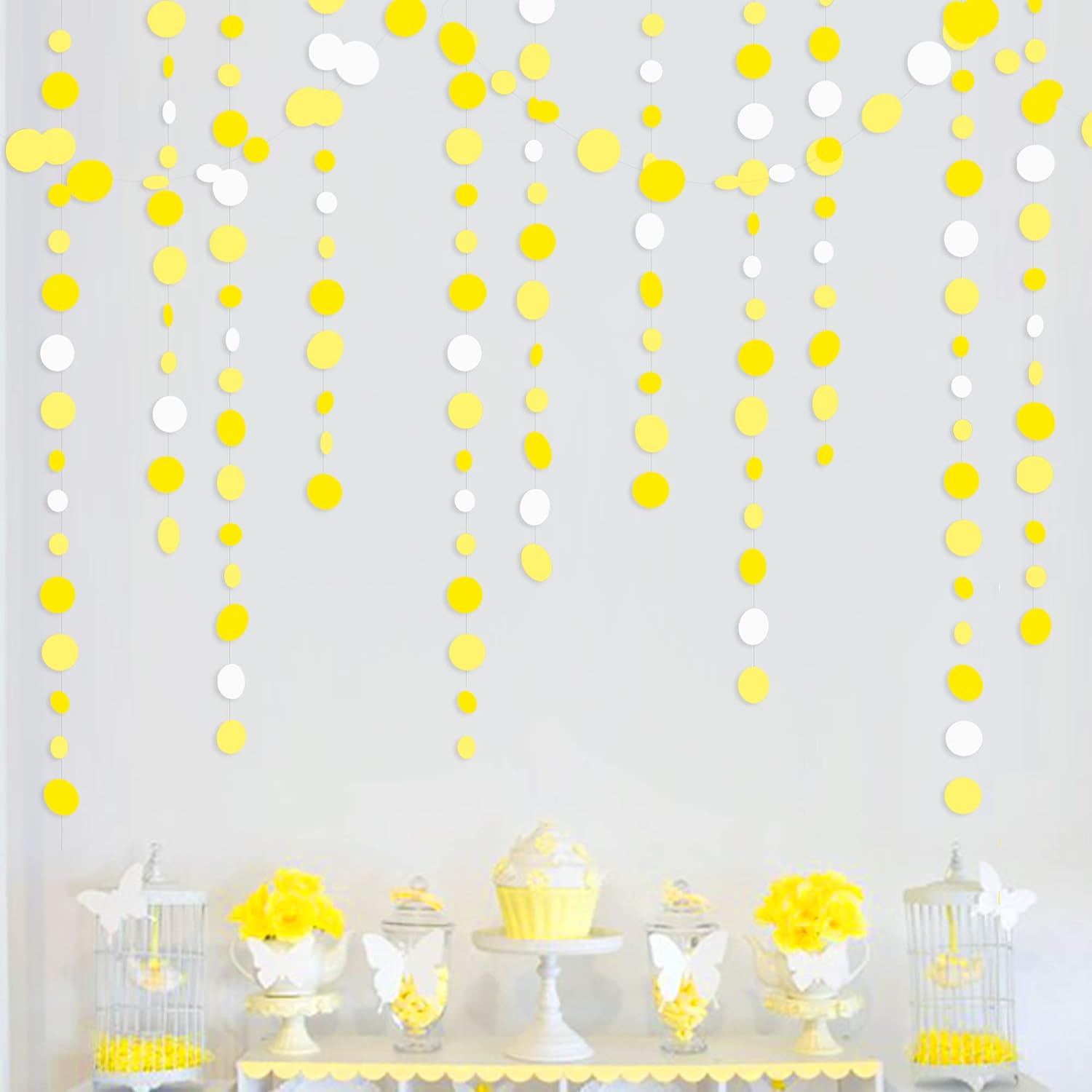 46 Ft Yellow White Circle Dots Garland Gradient Yellow Polka Dot Hanging Paper Streamer for Wedding Bridal Shower Birthday Baby Shower Engagement Bee Sunflower Lemon Theme Party Decorations Supplies