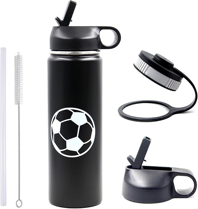 22 oz Soccer Water Bottle, Wide Mouth Travel Sports Flask with 2 Lids（Straw Lid+Flex Cap）BPA Free 18/8 Stainless Steel Double Wall Vacuum Insulated Water Bottles (22oz, Soccer)