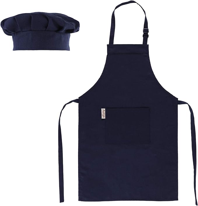 Kids Apron and Chef Hat Set-Adjustable Child Apron for Boys and Girls for Cooking Baking Dark Blue