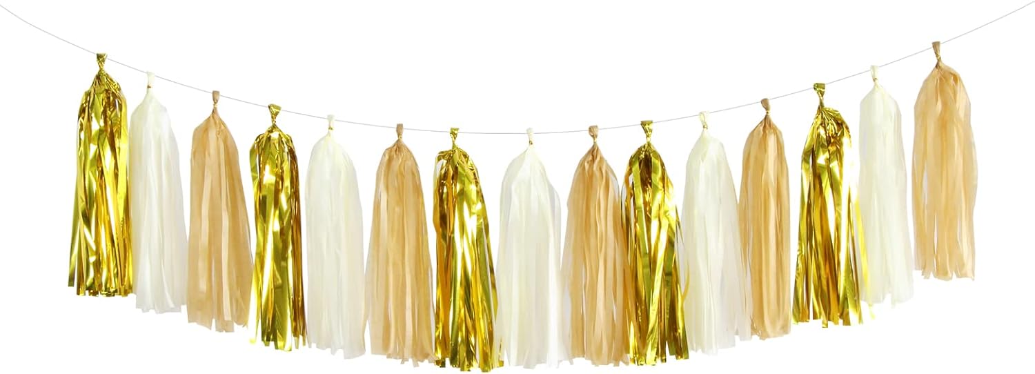 White Gold Champagne Party-Decorations Tassel-Garland -15pcs Christmas Wedding Engagement Tassels Banner Streamers Bachelorette Neutral Birthday Baby Bridal Shower Decor Panduola