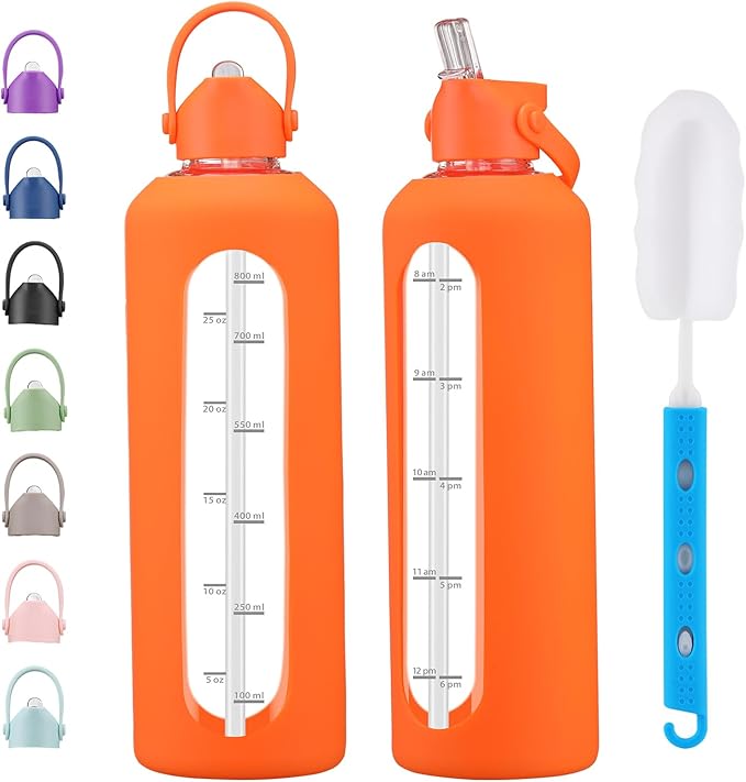32 oz Glass Water Bottles with Straw Borosilicate Glass Water Bottle with Time Marker Motivational Water Bottles with Silicone Sleeve Leak Proof Reusable BPA Free