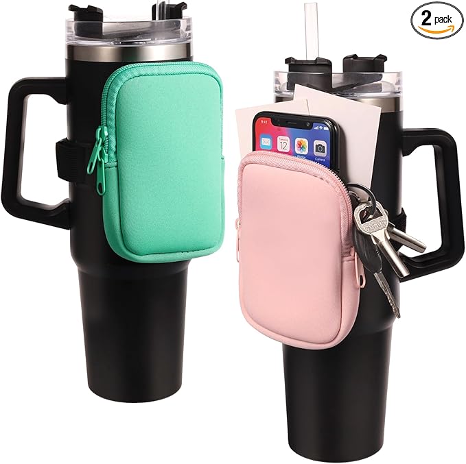 2pcs Water Bottle Pouch for Stanley, Zipper Pouch for Stanley Cup Adjustable Gym Bottle Pouch Pink & Green Multifunctional Water Bottle Pouch for Tumblers Quencher Adventure 40oz&IceFlow 20oz 30oz