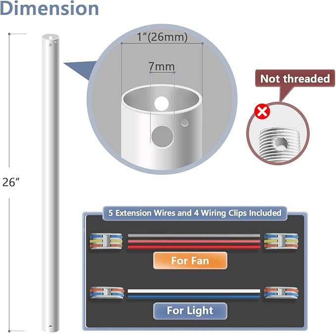 26" Ceiling Fan Downrod, 【1 Outside Diameter】 Matte White Extended Downrod, including 4 Wire Connectors and 5 Extension Wires (No Threads)