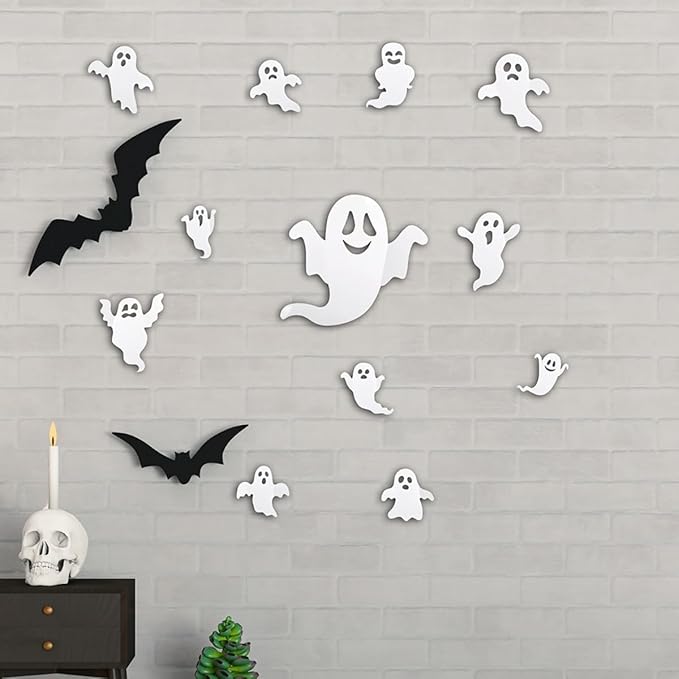25Pcs Halloween Wall Decor 3D White Ghost Wall Decals Self-Adhesive Cute Halloween Decorations Black Bats Wall Stickers Gothic Designs Halloween Ghost Decorations for Window Home Party Decor Supplies