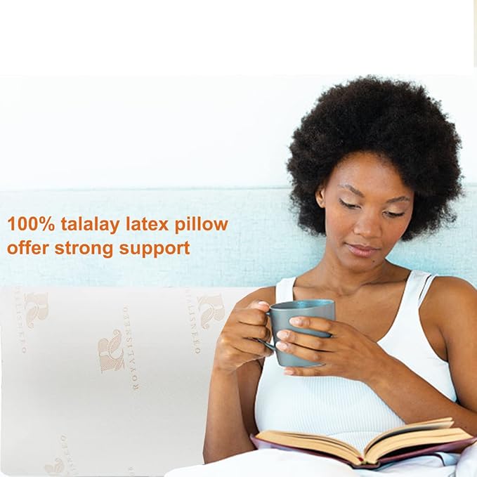 Royalisneeo 100% Talalay Natural Latex Pillow, Medium Support Bed Pillow Helps Relieve Pressure,Perfect Package Best Gift with Removable Cotton Cover for Back, Stomach and Side Sleepers