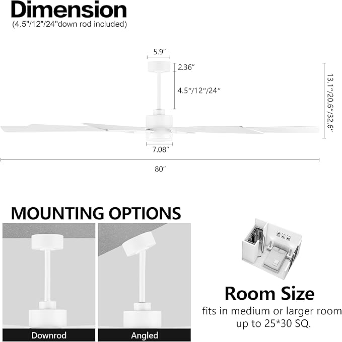 80" Ceiling Fan with Lights and Remote Control, Wood 8 Blades 6-Speed Noiseless Reversible DC Motor, 3 Downrods, Modern Large Ceiling fan for Covered Patio Bedroom Living Room Office, White
