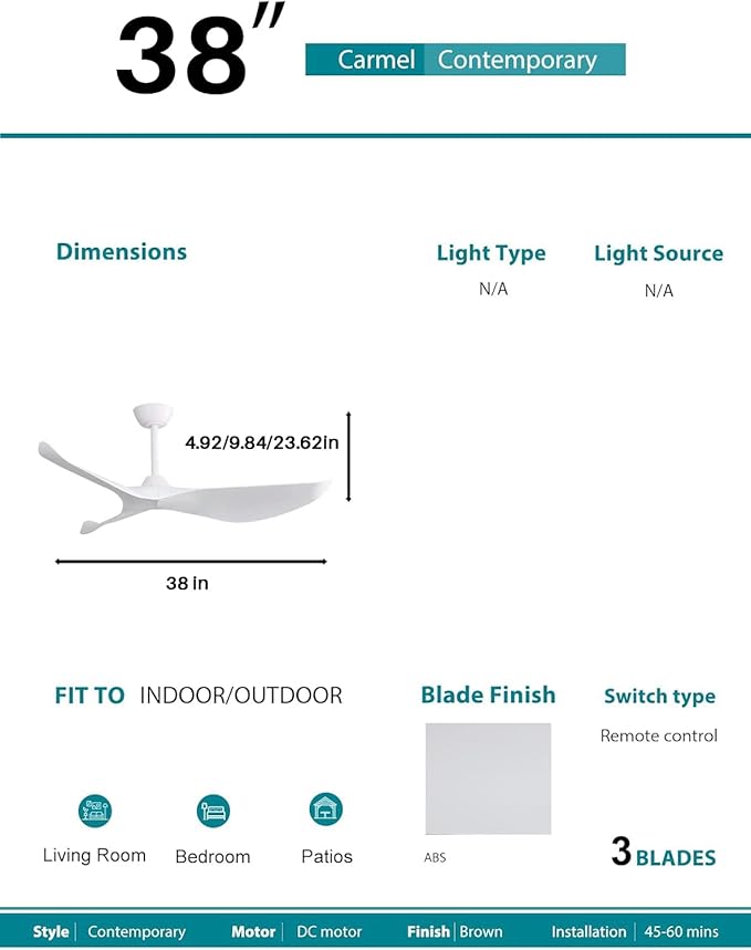 Sofucor 38 inch Ceiling Fans with Remote Control, Indoor Outdoor Ceiling Fan for Bedroom Living Room Farmhouse Patio, Modern Ceiling Fan no Light with 6 Speed Reversible Quiet DC Motor, White