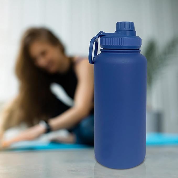 32oz Insulated Water Bottle ，Stainless Steel Sports Water Cup Flask with 2 Lids, Wide Mouth Travel Thermal Mug,Outdoor Sports Bottle（Dark Blue）