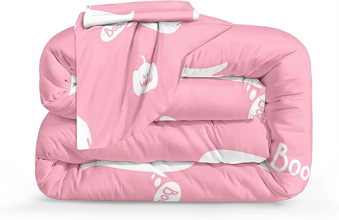 Bedbay Halloween Queen Comforter Pink Cartoon Ghost Comforter Sets for Kids Girls 4 Pcs Soft Microfiber Halloween Bedding Set Cute Halloween Room Decoration(Pink,Queen)