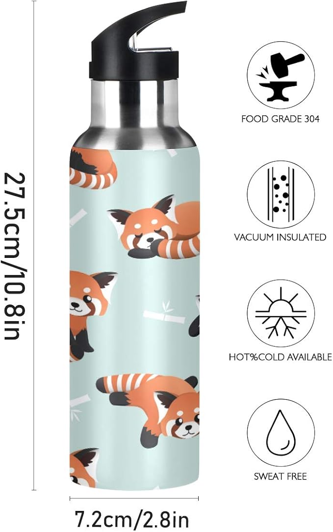 22 OZ Cute Red Panda Water Bottle with Straw - BPA Free Leakproof Stainless Steel Water Bottle for Women Men Water Jug for Fitness Gym Outdoor Sport