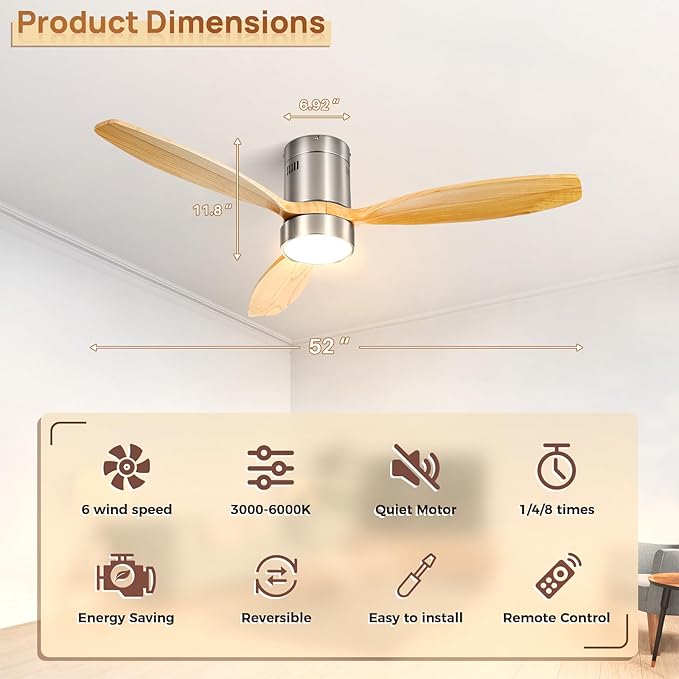 Sofucor 52 Inch Low Profile Ceiling Fan with Lights Remote Control Wood Blades Reversible DC Motor Modern Ceiling Fan for Kitchen, Bedroom, Basement, Dining, Living Room, Silvery wood