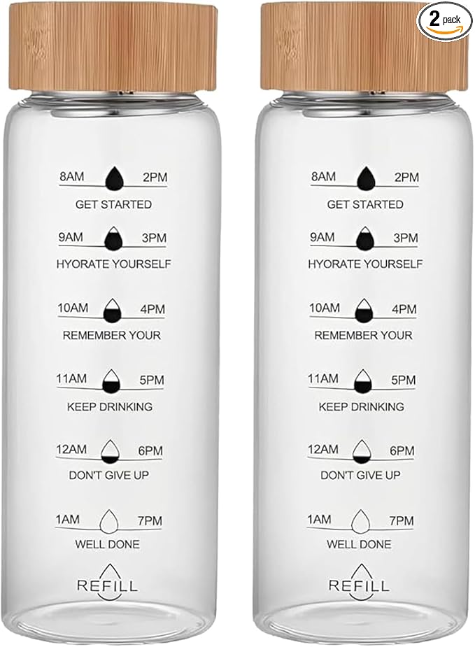 25oz Glass Water Bottle with Time Marker, Leak-Proof,With stainless steel tea strainer, BPA-Free Reusable Hot and Cold Beverages for Office, Gym, Travel（2PCS）