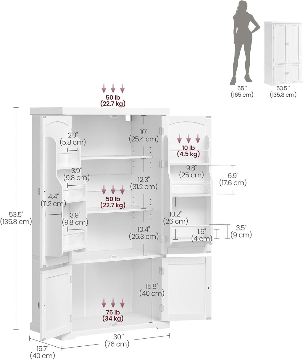 VASAGLE Pantry Cabinet, 53.5-Inch High Freestanding Tall Cupboard Storage Cabinet, 2 Cabinets, 2 Adjustable Shelves, 6 Door Shelves, for Living Room, Kitchen, White UBBC671W01