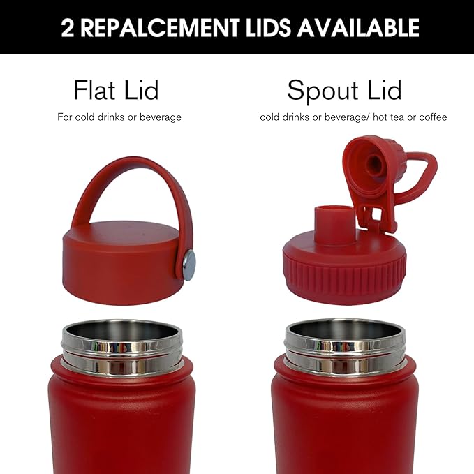 22oz Insulated Water Bottle ，Stainless Steel Sports Water Cup Flask with 2 Lids, Wide Mouth Travel Thermal Mug,Outdoor Sports Bottle（Deep red）