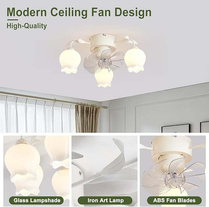 Flower Ceiling Fan with Light: White Flower Fan Lights for Girls Bedroom - Flush Mount Fandelier for Living Room - 3-Light Modern Chandelier with Fan for Home Decor Enthusiasts