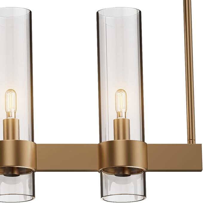 Brass Kitchen Island Lighting- 7-Light Linear Chandelier, Adjustable 47'' Modern Farmhouse Rectangle Pendant Light Fixtures, Dining Room, Bedroom