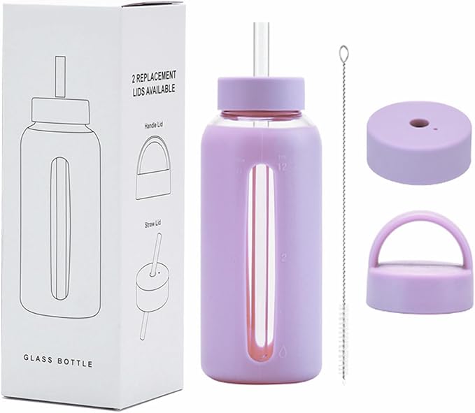 27 Oz Hydration Bottle,Minimalist Glass Water Bottle With Silicone Sleeve,Wide Mouth Opening With 2 Lids,Train Straws,Gift for Kids/Adults,Sport Glass Water Bottle for Gym/Yoga/Outdoor (PurPle, 27 oz)