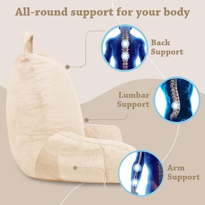LOVTEX Reading Pillow with Removable Cover, Back Pillow for Sitting Up in Bed with Arms and Pockets, Bed Rest Pillow Adult, 20 x 15 Inches(Beige)