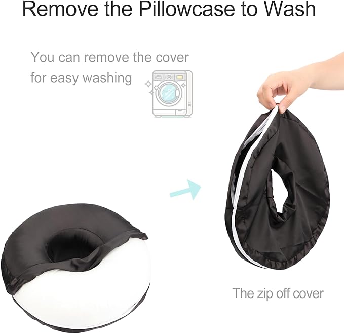 Silky Ear Piercing Pillows with Holes Removable Pillowcase Washable Donut Pillow for Ear Pain Side Sleeping Cartilage CNH Pressure Sore Tinnitus Headphones Relief Guard Protector Black