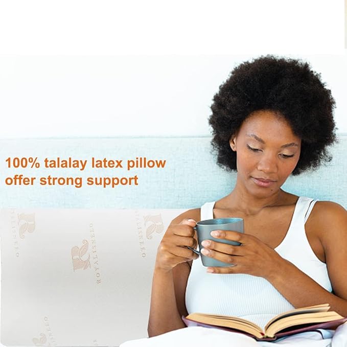 Royalisneeo 100% Talalay Natural Latex Pillow, Medium Support Bed Pillow Helps Relieve Pressure,Perfect Package Best Gift with Removable Cotton Cover for Back, Stomach and Side Sleepers