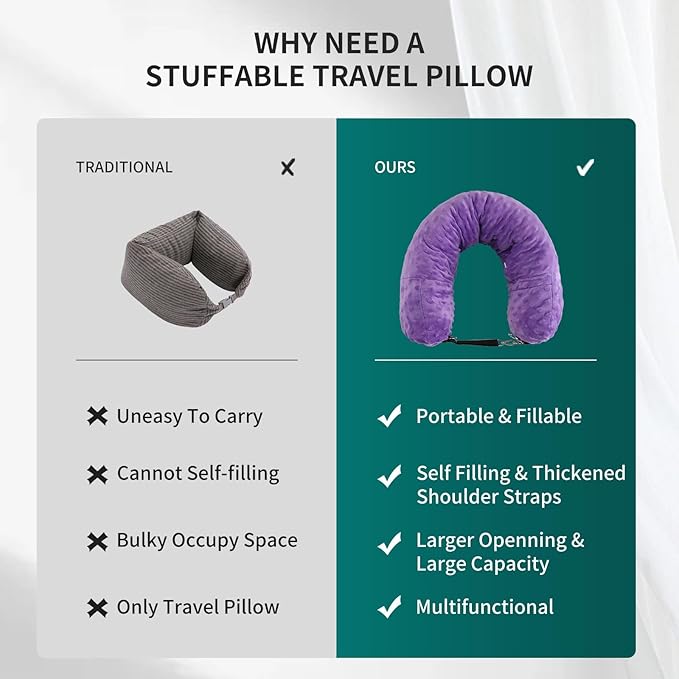 Stuffable Travel Pillow for Extra Luggage, Travel Neck Pillow Stuffable with Clothes, Stuffable Neck Pillow for Travel, Velvet Travel Neck Pillow Storage Bag, Fillable Luggage Pillow (Purple)