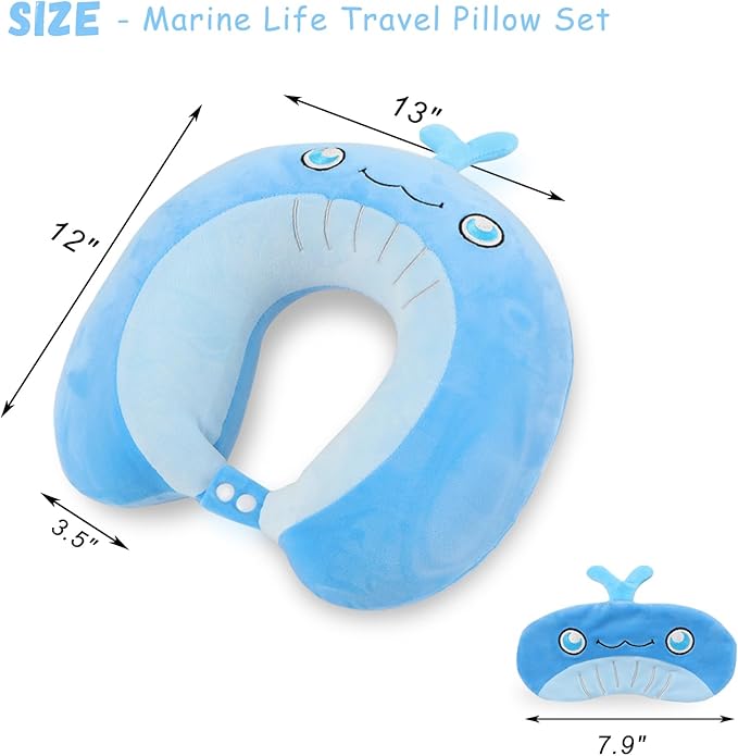 Travel Pillow, Kids Travel Pillow with Sleep Eye Mask Soft Memory Foam Kids Neck Pillow for Boys & Girls, Travel Accessories for Car Airplane Traveling - Whale