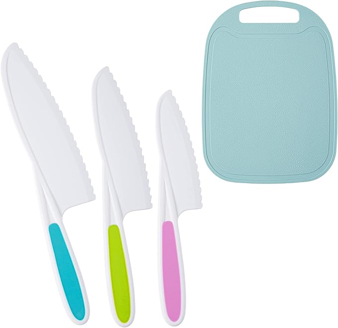 Kids Knife Set, Kids Knifes for Real Cooking, 3 Pieces Kids Knife with Cutting Board, BPA-Free Kids Kitchen Knife with Serrated Edges for Cutting Fruit, Vegetable, Salad, Bread,Sandwich